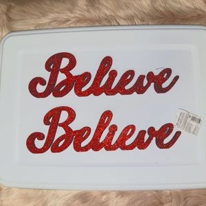 2 RED GLITTER "BELIEVE" HOLIDAY CHRISTMAS TABLE SHELF FIREPLACE WINDOW LEDGE